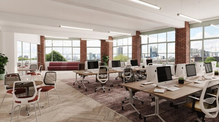 Eclipse Meshback Chair group of task chairs round bench desksa and visitor chairs around a table in an office space