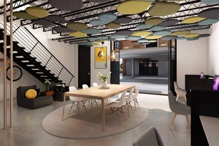 Eden Acoustic Tiles ceiling mounted round tiles in a breakout space