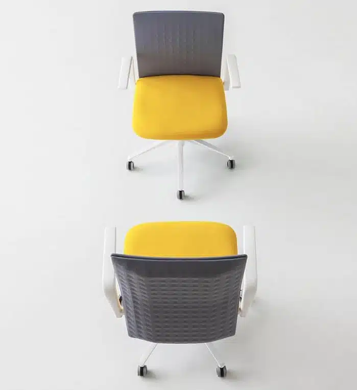 Elodie Task Chair aerial view of two low back task chairs on white 5 star bases with castors