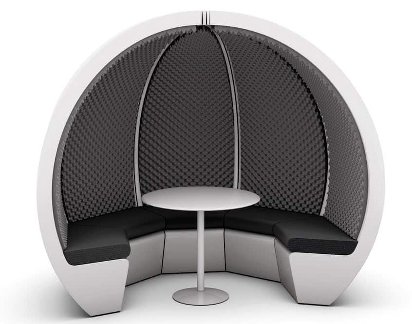 Escape Pod 5 person unit with seating and shown with a free-standing round table