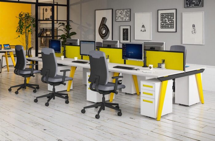 Evolution Bench 6 person configuration with yellow screens and legs, matching pedestals in white and yellow