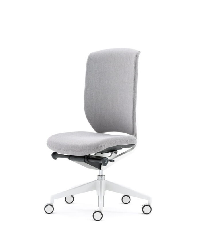 Evolve2 Chair with no arms, upholstered seat and back, white 5 star base on castors
