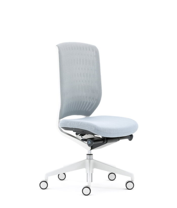 Evolve2 Chair with no arms, upholstered seat and membrane back, white 5 star base on castors