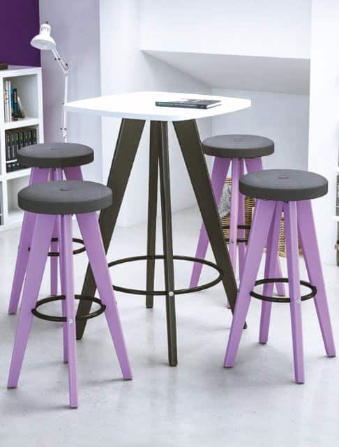 Evolve Colours Breakout Tables poseur height round table shown with four high Evolve Stools with tapered legs
