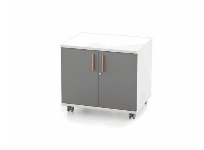 Evolve Storage Units two-tone colour mobile hinged door low cupboard on castors
