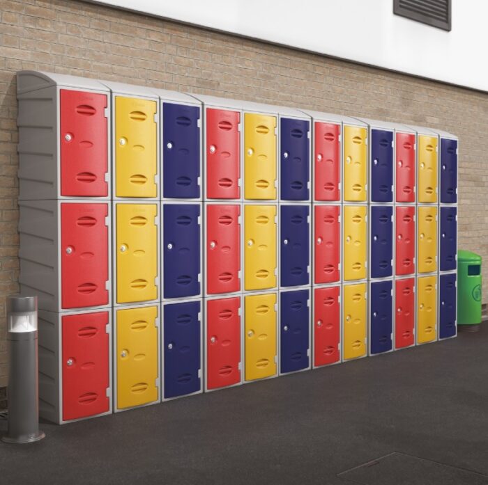 Extreme Plastic Lockers Showing A Row Of Three Door Lockers With Different Colour Doors
