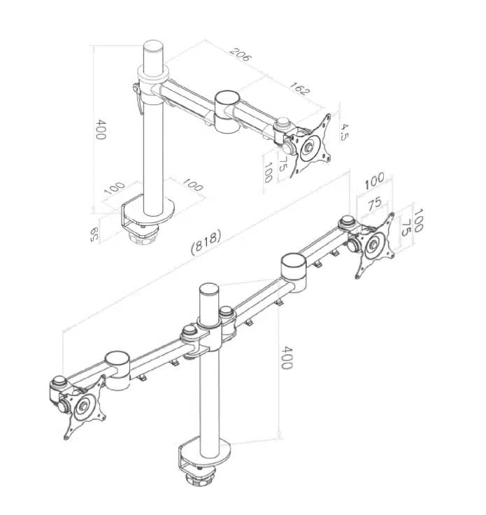 FSA1 Monitor Arm single and dual arm dimensions
