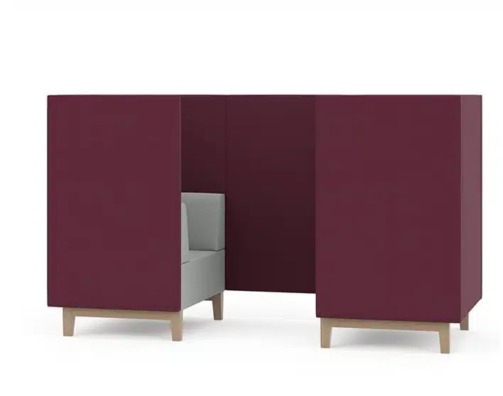 Fence Booth two seater booth with grey and burgundy upholstery