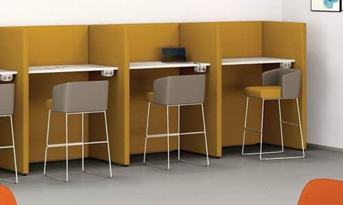 Fence Elements Booth row of 4 booths with 1020mm high work surfaces and phase power modules, shown with high stools