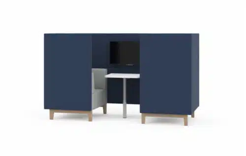 Fence Media Booth two person unit with white table and blue and grey upholstery