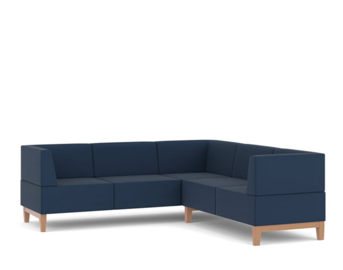 Fence Soft Seating L shape low back 5 seater with blue upholstery and beech legs