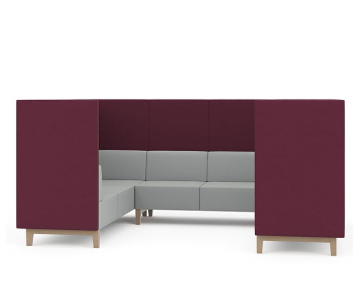 Fence Soft Seating U shape high back 8 seater in grey and burgundy upholstery with beech legs