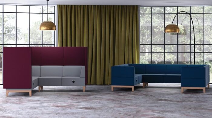 Fence Soft Seating high back L shape sofa and low back U shape sofa in an office space