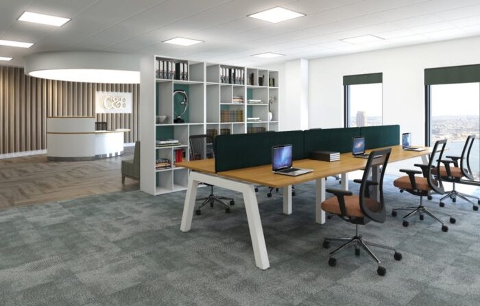 Fizz Bench Desk & Storage three 4 person back to back configurations with black Alpha frame shown in an open plan office space