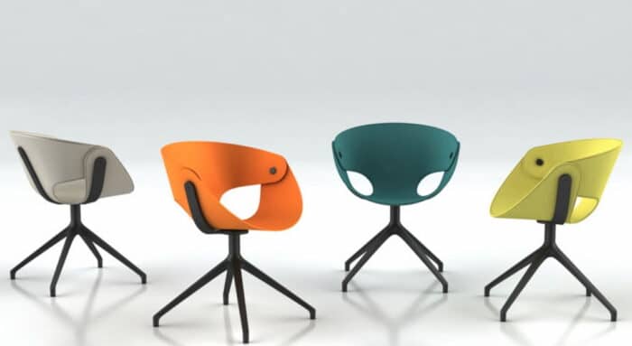 Flat Chair four chairs with raised 4 star black lacquered swivel bases and various coloured shells
