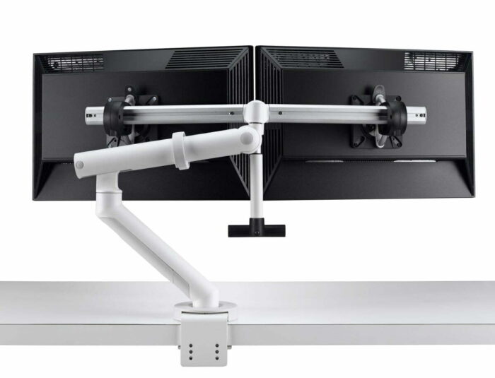 Flo Plus Monitor Arm With Dual Mount Bar And Two Monitors Shown From Rear