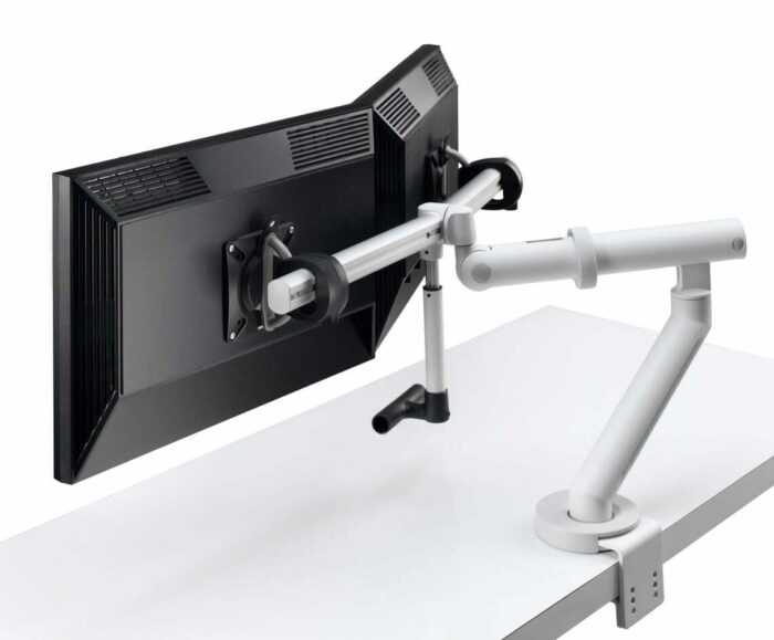 Flo Plus Monitor Arm With Dual Mount Bar And Two Monitors Shown From Side Rear Slightly Elevated