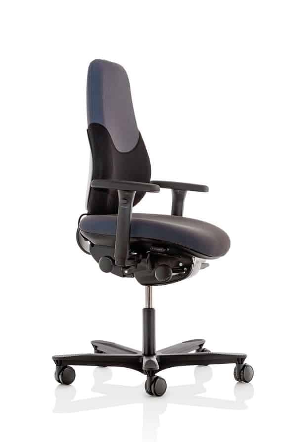 Flo Task Chair profile view of chair with arms and two-tone upholstery