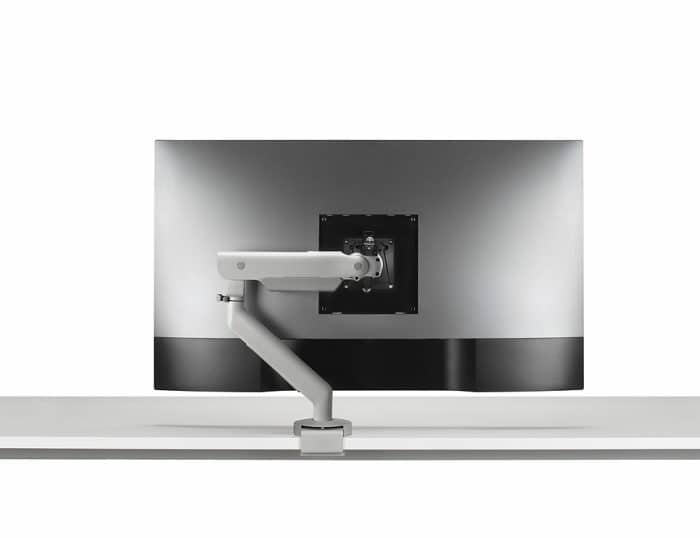Flo X Monitor Arm - rear view of a single arm in silver shown with a split clamp