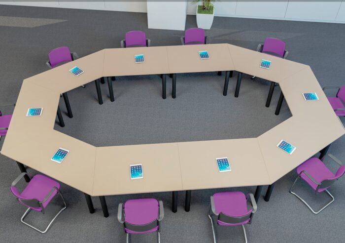 Folding Office Tables aerial view of a circular configuration using trapezoidal and rectangular tops with straight stacking legs