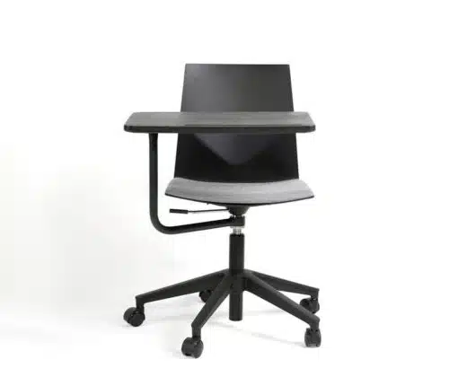 FourCast 2 Wheeler Chair with upholstered seat pad, no arms, a black shell and base, with a black Inno Tab with integrated cup holder and dashboard for tablet and phone