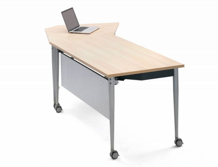 FourKonnect Tables desk set up using one deltoid and one rectangular shaped top. shown with a modesty panel