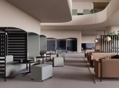 FourPeople Hut groups of booths shown with tables, pouffes and soft seating units in a breakout space