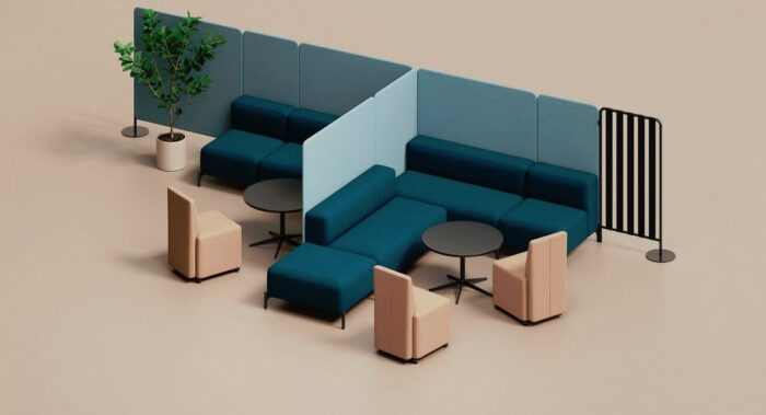 FourPeople Modular Seating straight unit configuration shown with panels, tables and freestanding chairs