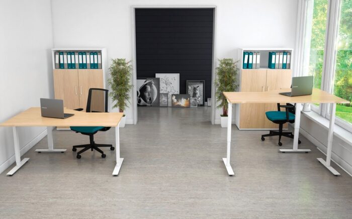 Freedom Lite Sit Stand Desk two radial workstations with white trim shown in an office space