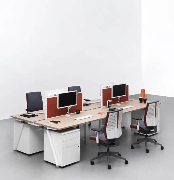 Freeflex Task Chair 4 chairs with height adjustable arms shown around a desk with pedestals and desk screens