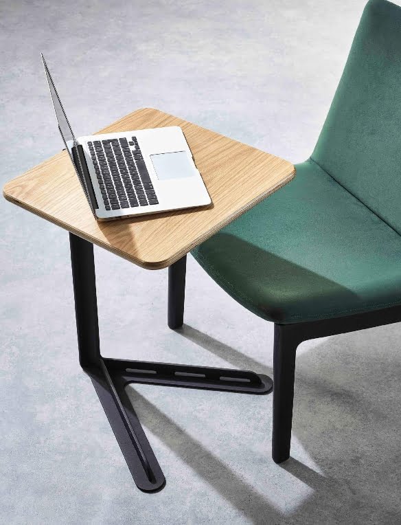 Fusion Work Tables square oak veneered plywood top and textured black metal base shown next to a chair with a laptop on the work surface TFS/SQU/OAK/BLK