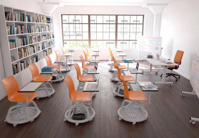 GC5 Chair group of chairs in rows with orange shells shown in a training room