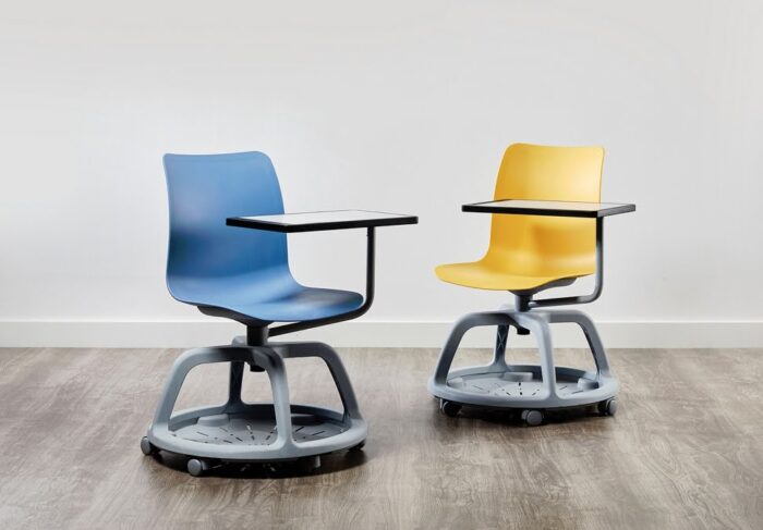 GC5 Chair - two mobile chairs with storage, writing tablet, blue and yellow plastic shells