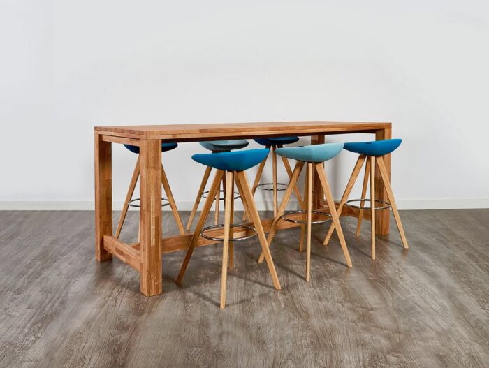 GD10 Poseur Tables 4 leg table shown with 6 high stools