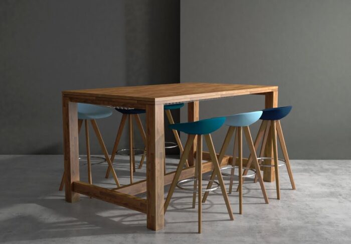 GD10 Poseur Tables 4 leg table shown with high stools in a work space