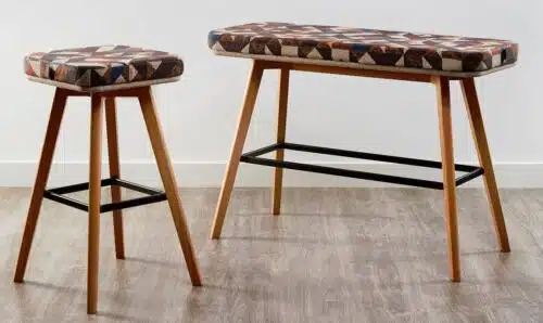 GD2 Stools - square stool and a bench stool shown with upholtered seats