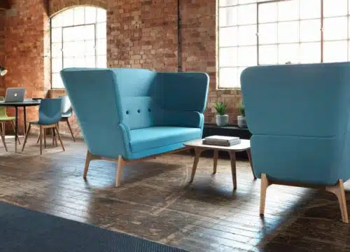 Harc Soft Seating two high back 2 seater sofas with button back detail and oak frames