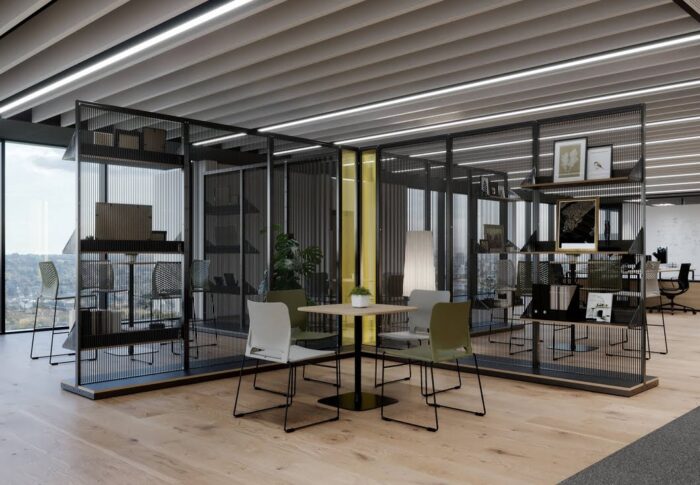 Harp Zoning System cross configuration with shelves shown in an open plan office space