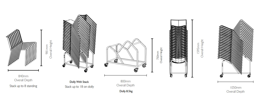 Hatton Stacking Chair - trolley and stacked chair dimensions