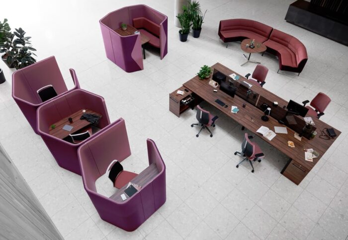 Haven Pods one solo and two solo plus modules and one four seater quad module shown in an open plan office