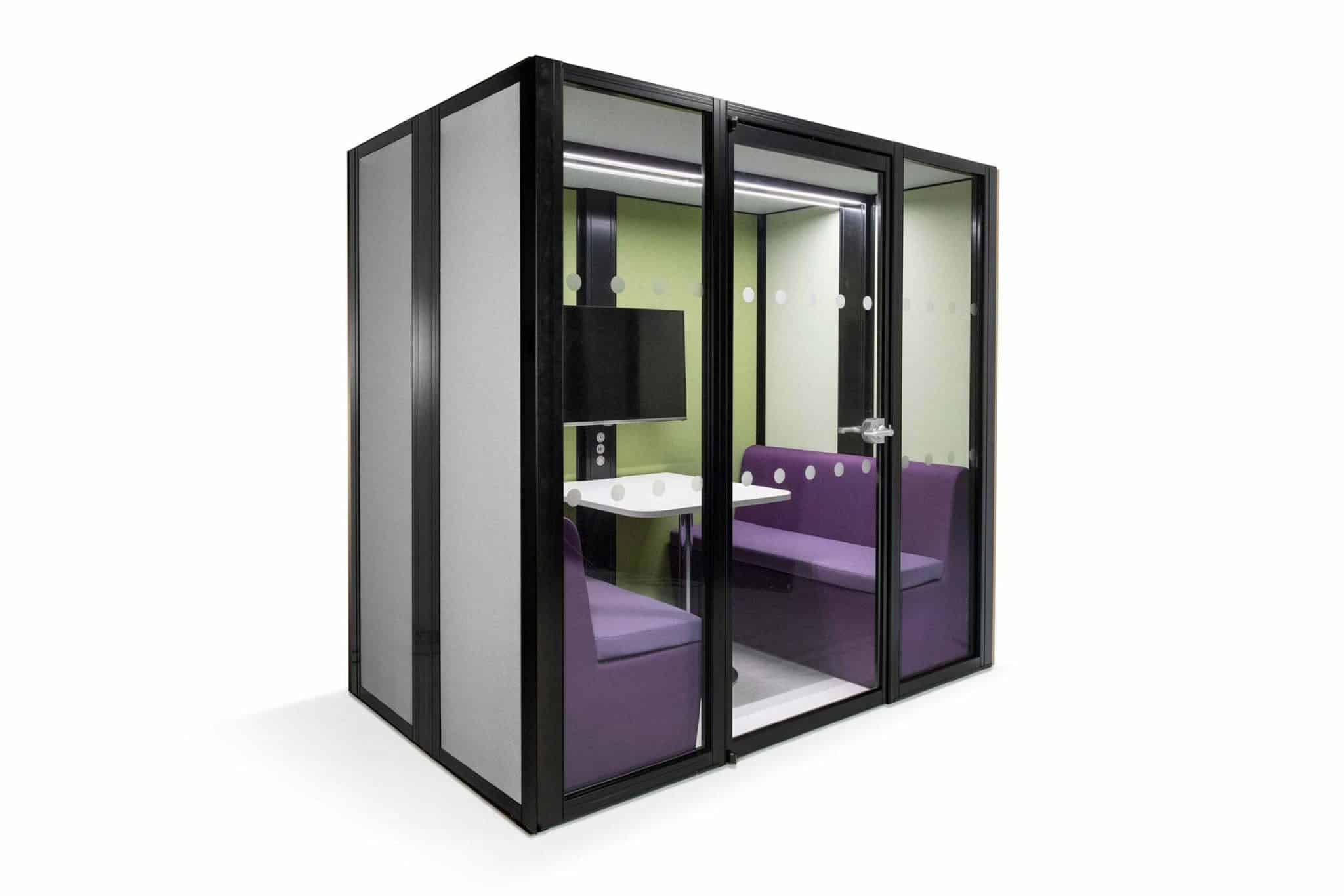 Hoozone Greet Pod shown with exterior fabirc panels and glazed front