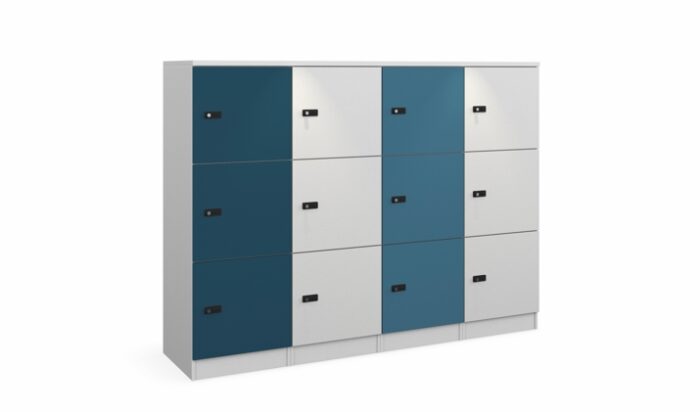 HotLocker bank of 12 three-high lockers with combi locks and two-tone door colours
