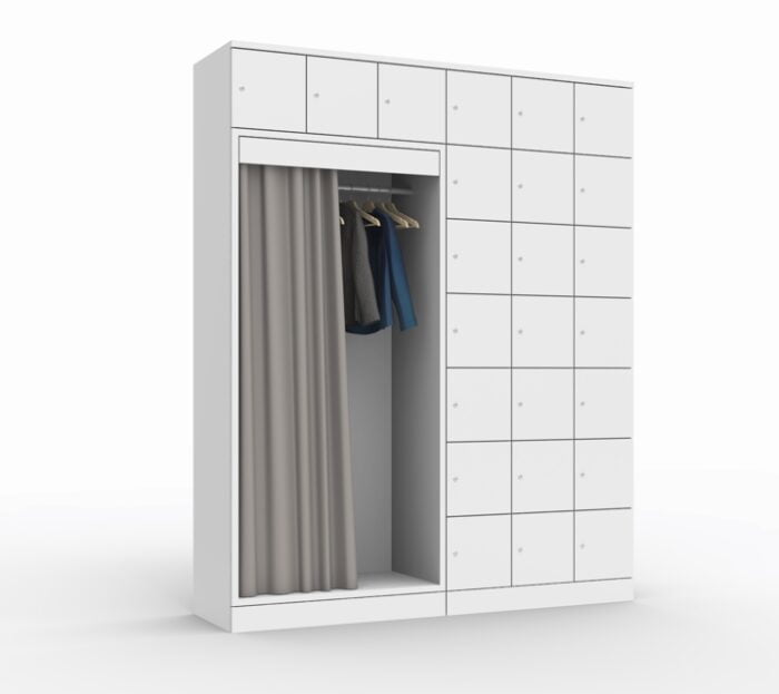 HotLocker bank of lockers integrated with a coat hanger module