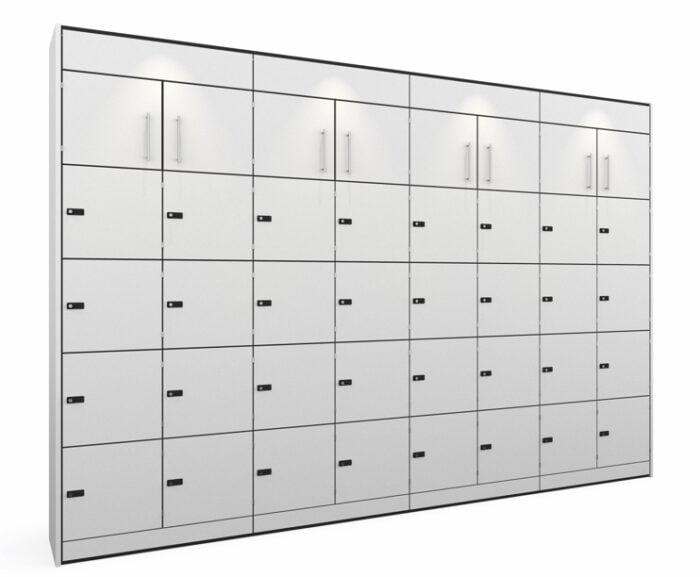 HotLocker bank of lockers with top boxes and plinth to ceiling modules