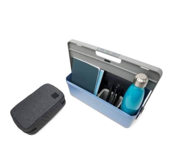 Hotbox 4 in blue, shown with drinks bottle, pencil pot and notepad