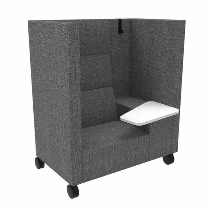 Huddle Work Booth with work suface and coat hook with grey upholstery