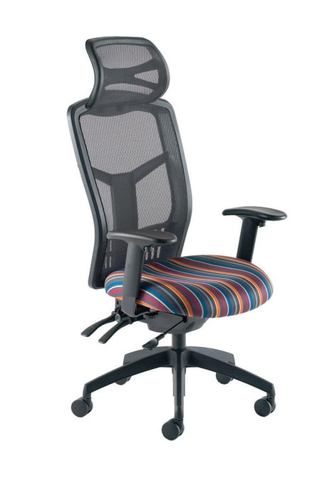 Hybrid Chair with headrest, adjustable arms, mesh back and a black 5 star base on castors HB1A