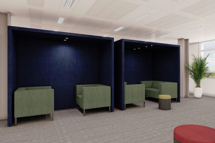 Hyde Booth 2-person and 4-person open front booths in a breakout space shown with single armchairs and two seat sofa units
