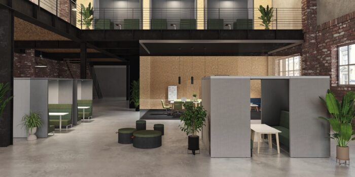 Hyde Booth two open fronted booths with joining roof, free standing table and sofa units shown in a large open plan office space