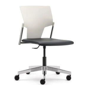 Ikon Chair with no arms, upholstered seat and plastic back, swivel mechanism, height adjustable seat, nylon base on castors IK13